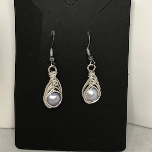 Purple Freshwater Pearl Earrings: Sterling Silver Wire Wrapped Dangle