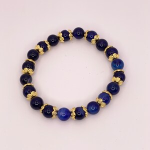 Royal blue Agate beads with Gold Flower Spacers - 6.5 inch Elastic Bracelet