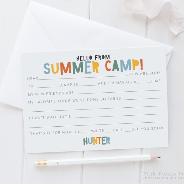 Personalized Camp Stationery Set For Boys, A Note From Camp Note Cards, Fill In The Blank Camp Note Card, Kids Note Cards | Set of 12