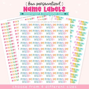 May include: Three sheets of personalized waterproof name labels featuring the name Penelope Wilson in colorful, rounded typography. The text reads fun personalized Name Labels, Waterproof & Dishwasher Safe, and choose from 4 different sizes.