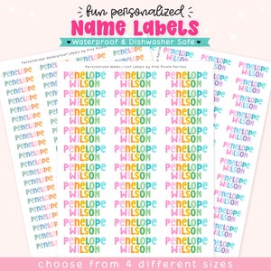 May include: A sheet of personalized waterproof name labels featuring the text Penelope Wilson in colorful, stacked block letters. The labels are dishwasher safe and arranged in columns on a white background with decorative header and footer text.