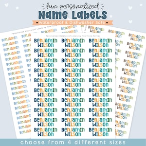 May include: A collection of personalized waterproof name labels featuring the text Benjamin Wilson in various blue, green, and orange color schemes. The labels are displayed on sheets with the header text fun personalized Name Labels and Waterproof & Dishwasher Safe.