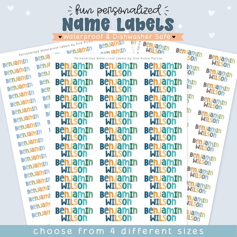 May include: A collection of personalized waterproof name labels featuring the text Benjamin Wilson in various blue, green, and orange color schemes. The labels are displayed on sheets with the header text fun personalized Name Labels and Waterproof & Dishwasher Safe.
