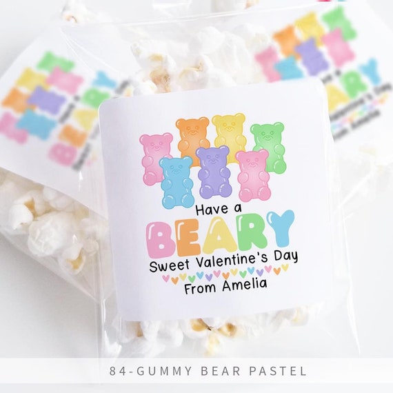 Pastel Gummy Bear Valentine Stickers, Beary Valentines Exchange Cards, Valentines Day Tags, Candy Free Classroom Valentines for School