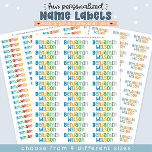 May include: Sheets of personalized waterproof name labels featuring the text Benjamin Wilson in various colorful fonts. The labels are dishwasher safe and displayed in multiple columns. The top of the image includes the text fun personalized Name Labels.