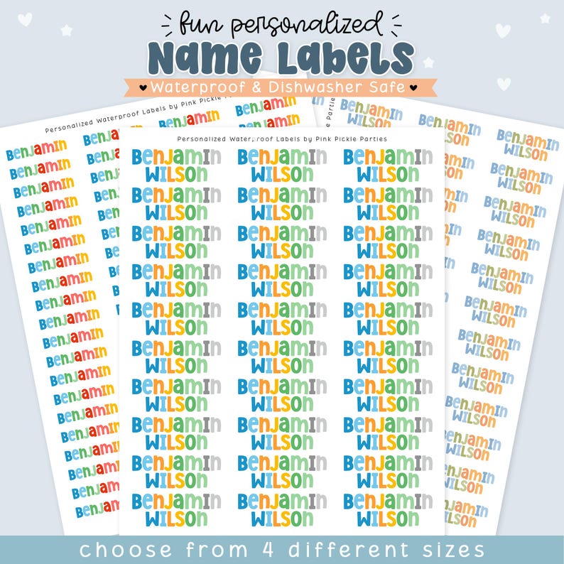 May include: Sheets of personalized waterproof name labels featuring the text Benjamin Wilson in various colorful fonts. The labels are dishwasher safe and displayed in multiple columns. The top of the image includes the text fun personalized Name Labels.