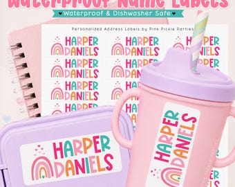 Personalized Rainbow Name Labels Waterproof Kids Stickers for Daycare, Water Bottles, and School Supplies for Back to School Dishwasher Safe