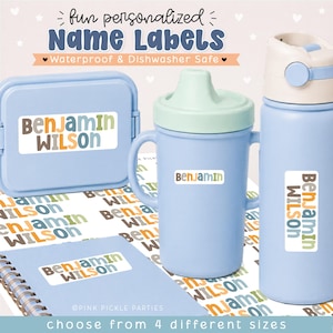 May include: A set of personalized name labels featuring the text Benjamin Wilson in multi-colored letters. The labels are applied to a light blue snack container, a light blue sippy cup with a mint green lid, and a light blue water bottle.