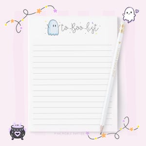 May include: A white lined notepad with the text to-Boo-list and a light blue ghost illustration at the top. A white pencil with the text PINK PICKLE PARTIES is placed diagonally across the notepad. The notepad features a small ghost icon.