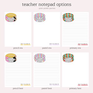 Puede incluir: Seis dise&ntilde;os diferentes de blocs de notas con pulseras de cuentas coloridas con el texto "In My Teacher Era" y "Best Teacher Ever". Los blocs de notas est&aacute;n etiquetados como "pencil era", "pastel era", "primary era", "pencil best", "pastel best" y "primary best".