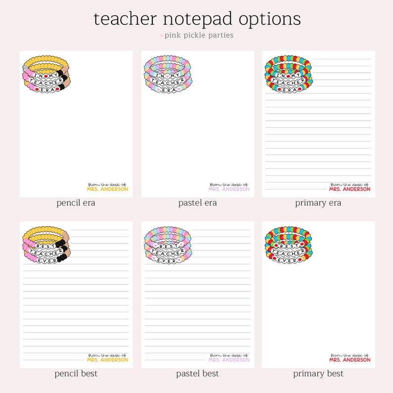 Puede incluir: Seis dise&ntilde;os diferentes de blocs de notas con pulseras de cuentas coloridas con el texto "In My Teacher Era" y "Best Teacher Ever". Los blocs de notas est&aacute;n etiquetados como "pencil era", "pastel era", "primary era", "pencil best", "pastel best" y "primary best".
