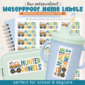 Personalized Monster Truck Name Labels Waterproof Kids Stickers for Daycare, Water Bottles, and Back to School Supplies Dishwasher Safe