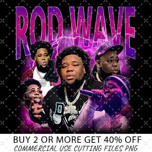 May include: A digital graphic featuring multiple images of Rod Wave, with the name "ROD WAVE" in large, purple, stylized text at the top. The background is black with a purple lightning effect. The bottom of the image has text.