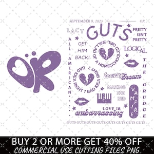 Puede incluir: Un dise&ntilde;o gr&aacute;fico p&uacute;rpura con la palabra "GUTS" y otros elementos de texto, incluyendo "Lacy", "Teenage Dream" y "Embarrassing". Una forma de mariposa est&aacute; a la izquierda. El dise&ntilde;o es para archivos de corte de uso comercial.