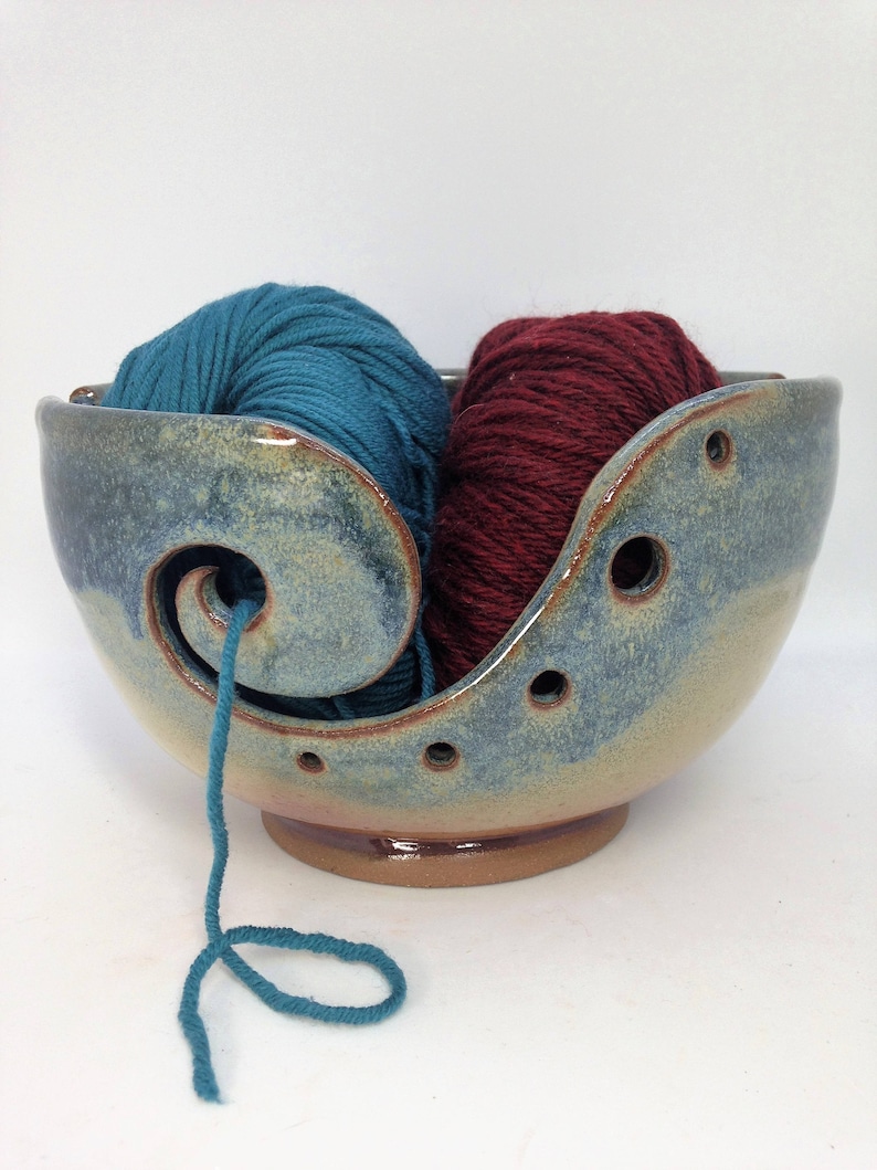 Ceramic Yarn Bowl Blue Knitting Bowl Rustic Yarn Holder Etsy