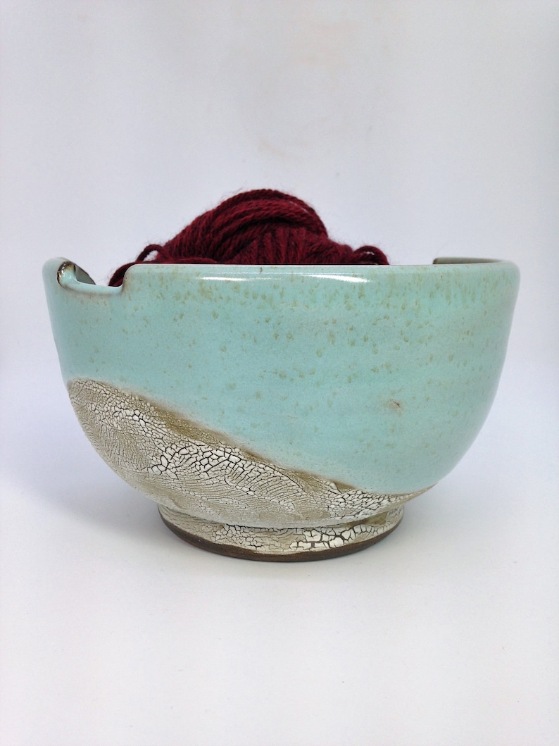 Crawl Glaze Pottery Celadon Yarn Bowl Yarn Holder Yarn Dispenser Crochet Yarn Bowl MADE TO ORDER Yarn Storage Green Knitting Bowl