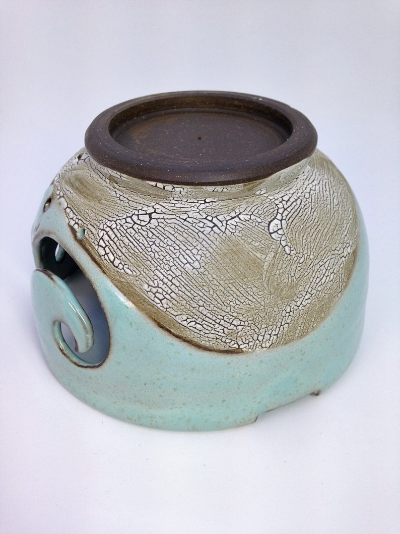 Crawl Glaze Pottery Celadon Yarn Bowl Yarn Holder Yarn Dispenser Crochet Yarn Bowl MADE TO ORDER Yarn Storage Green Knitting Bowl