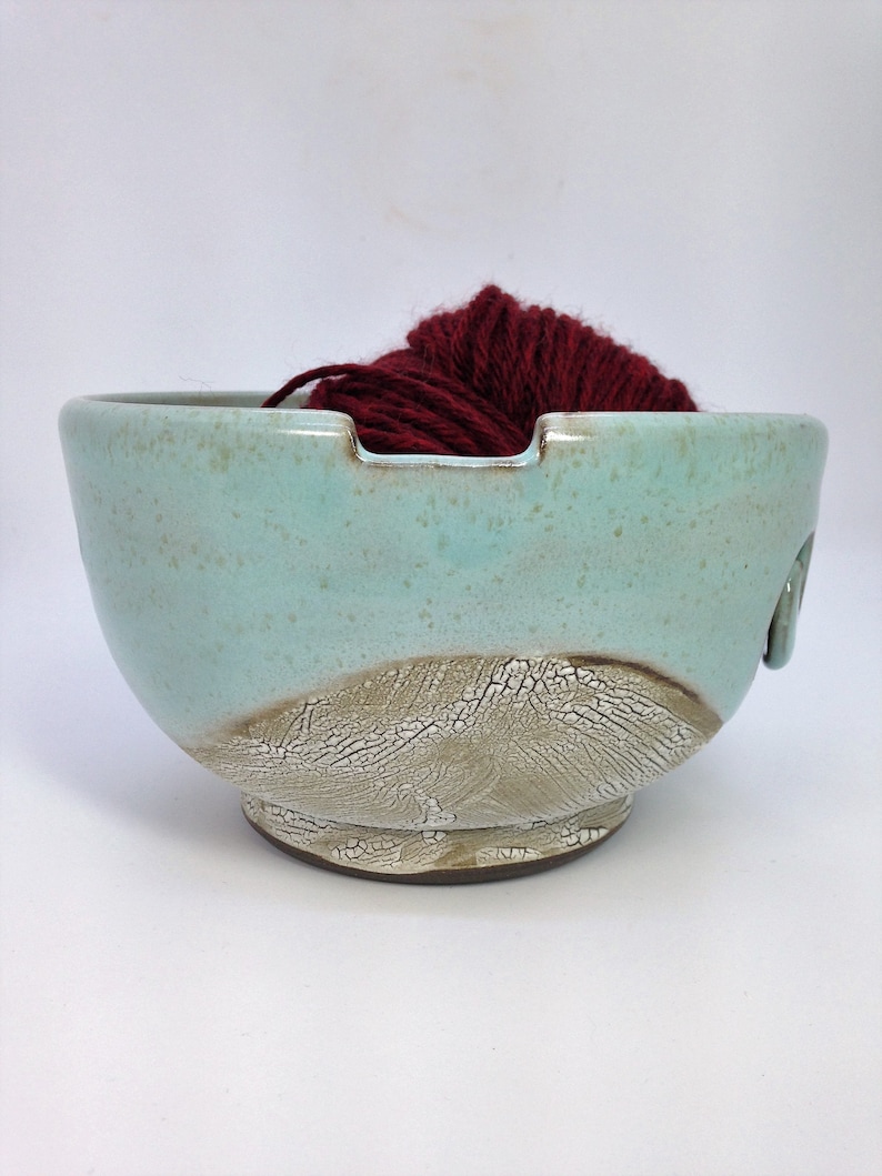 Crawl Glaze Pottery Celadon Yarn Bowl Yarn Holder Yarn Dispenser Crochet Yarn Bowl MADE TO ORDER Yarn Storage Green Knitting Bowl