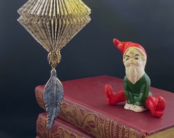 Folded Book Ornament: Handmade Vintage Book Art with Stone Bead