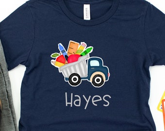 Boys navy dumptruck back to school shirt, kids back to school shirt,  boys truck shirt, boys prek shirt, kindergarten first day of school