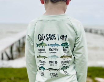 God Says I Am fishing shirt, boys swim shirt, boys rash guard, fishing shirt for boys, boys long sleeve UPF 50 rash guard, Christian shirt