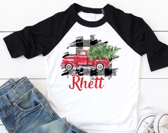 Christmas Tree Truck boys Shirt, kids christmas shirt, boys holiday shirt, Buffalo Plaid christmas shirt, personalized christmas shirt