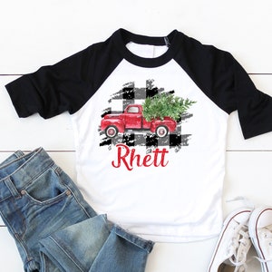 Christmas Tree Truck boys Shirt, kids christmas shirt, boys holiday shirt, Buffalo Plaid christmas shirt, personalized christmas shirt