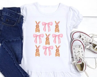 Girl's coquette easter bunny shirt, bunnies and bows shirt, easter shirt for girls, ruffle personalized easter shirt