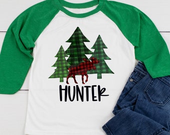 Boys Christmas Shirt, personalized kids christmas shirt, buffalo check trees, red buffalo check moose shirt, green raglan