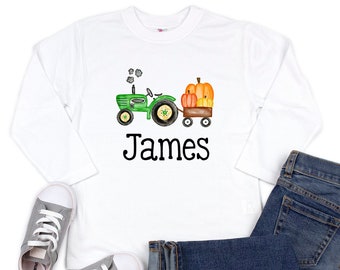 Boys Pumpkin tractor shirt, boys fall shirt, thanksgiving shirt for boys, baby boy thanksgiving outfit, pumpkin tractor shirt, green tractor