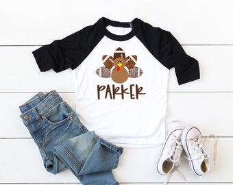 Personalized Turkey Football Shirt, Kids Thanksgiving shirt,  Festive Thanksgiving shirt for Boys