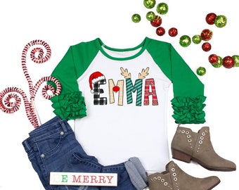 Girl&#39;s Christmas Name Shirt, kids christmas shirt, cute christmas shirt for girls, christmas ruffle raglan