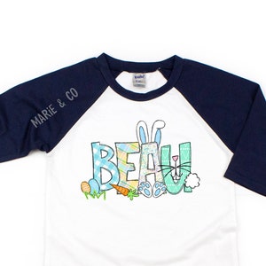 Personalized Boys Easter shirt, baby boy personalized Easter shirt, toddler Easter shirt, cute Easter name shirt, Easter alpha shirt Navy Sleeves