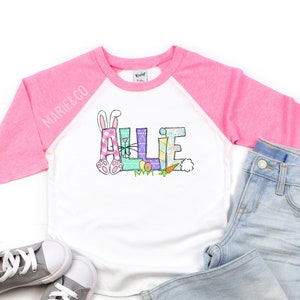 Chemise de Pâques personnalisée pour fille, chemise de Pâques personnalisée pour bébé, chemise de Pâques pour tout-petit, jolie chemise avec nom de Pâques, chemise alphabet de Pâques image 2