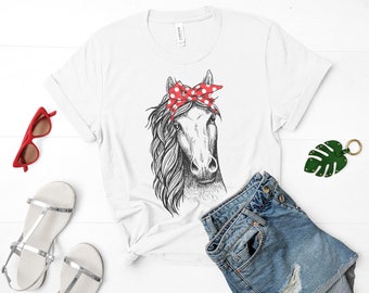 Caballo con camisa Bandana, camisa de caballo de mujer, camisa mustang salvaje, caballo boho con bandana, camisa de rodeo para mujer
