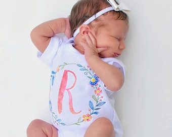 Girls Personalized Outfit, Baby Shower Gift, Newborn Take Home Outfit, Personalized Baby Gift, Watercolor Monogram, Floral Wreath, Boho Baby