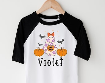 Camiseta de Halloween retro personalizada para niñas, camiseta de Halloween para niños pequeños, camiseta fantasma linda, camisa de Halloween espeluznante para niños, personalizada