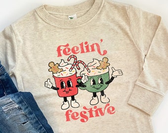 feelin' festive retro shirt with lights, Kids Christmas Shirt, Toddler holiday Shirt, retro Christmas shirt for kids