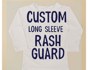 custom white long sleeve rash guard, kids swim shirt, UPF 50 swim shirt for kids, custom birthday rash guard