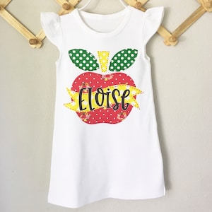 Vestido de volta às aulas para meninas, roupa personalizada de volta às aulas, vestido de maçã, maçã floral, aplique falso de maçã,