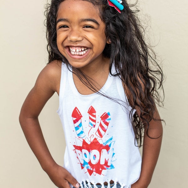 Kids 4th of July tank top, Tie Dye patriotic top, Boom tank top, girls 4th of July shirt, tie dye 4th of July, fireworks tank top