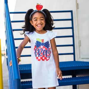 Girls Back to School Dress, Personalized back to school outfit, gingham apple dress, first day of school, faux appliqué apple,
