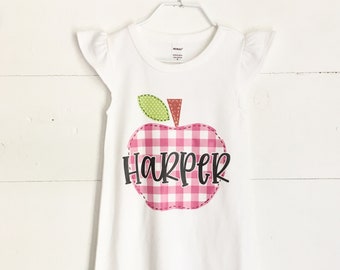 Girls Back to School Dress, Personalized back to school outfit, gingham apple dress, first day of school, faux appliqué apple,