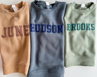 Custom Kids Name Sweatshirt, Personalized Puff Print Crewneck for Boys, Cozy Fleece Pullover, Earth Tone Simple Boy Sweatshirt