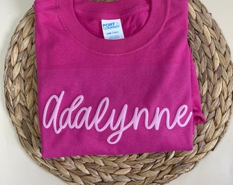 Girl's Pink Puff Personalized Tshirt, Pink Sweatshirt, youth tshirt with puff name