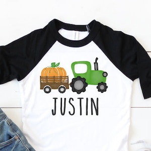Personalized Boys Thanksgiving Shirt, Pumpkin Tractor Raglan