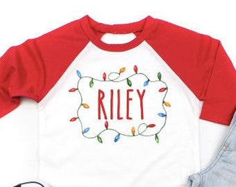 Camiseta infantil personalizada con luces navideñas, camiseta raglán navideña