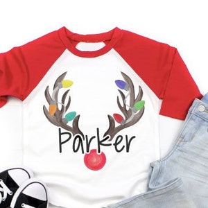Personalized Kids Christmas Raglan Shirt, Reindeer Lights