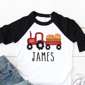 Personalized Boys Thanksgiving Shirt, Pumpkin Tractor Raglan Tee