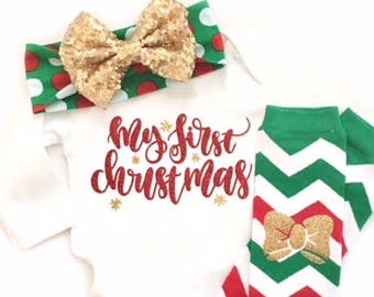 Baby Mädchen erste Weihnachten, Baby-Mädchen-Weihnachts-Outfit, Neugeborene Weihnachten Outfit, Baby-Mädchen-Kleidung, Weihnachten-Leggings, Weihnachten Stirnband